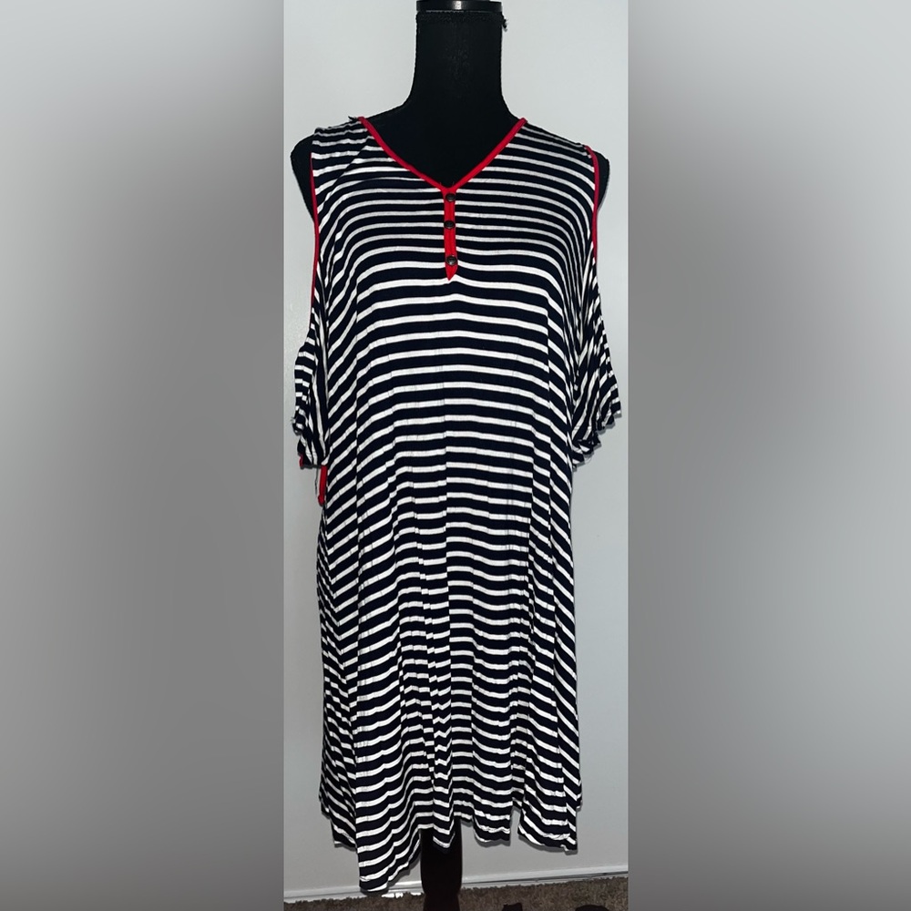 Navy blue and White Striped Dress with Red Accents